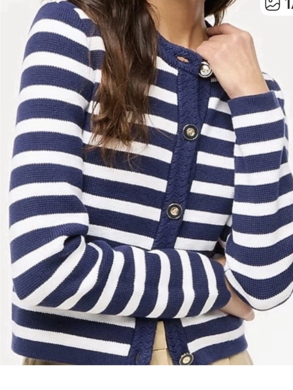 J. Crew Cropped Nautical Striped Navy and White Button-Front Sweater Cardigan M